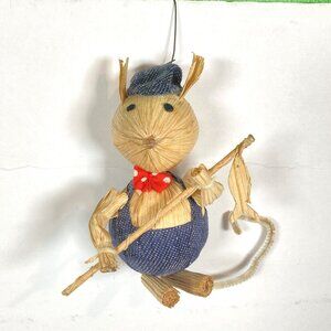 Vintage Corn Husk Mouse w Fishing Pole and Fish, 3.75 inches, Christmas Ornament